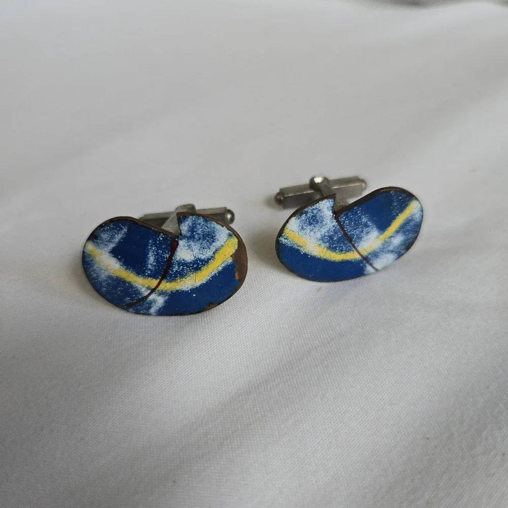 VTG Copper Kidney Bean Modernist Cufflinks OS Men Blue Abstract Enamel Unbranded